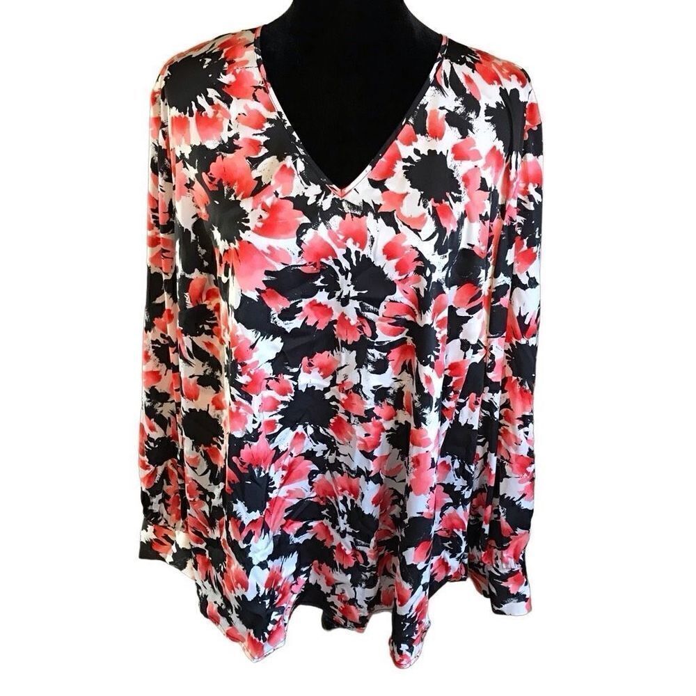 The Limited Plus SZ 2X floral silky feel Blouse Top orange black long sleeve